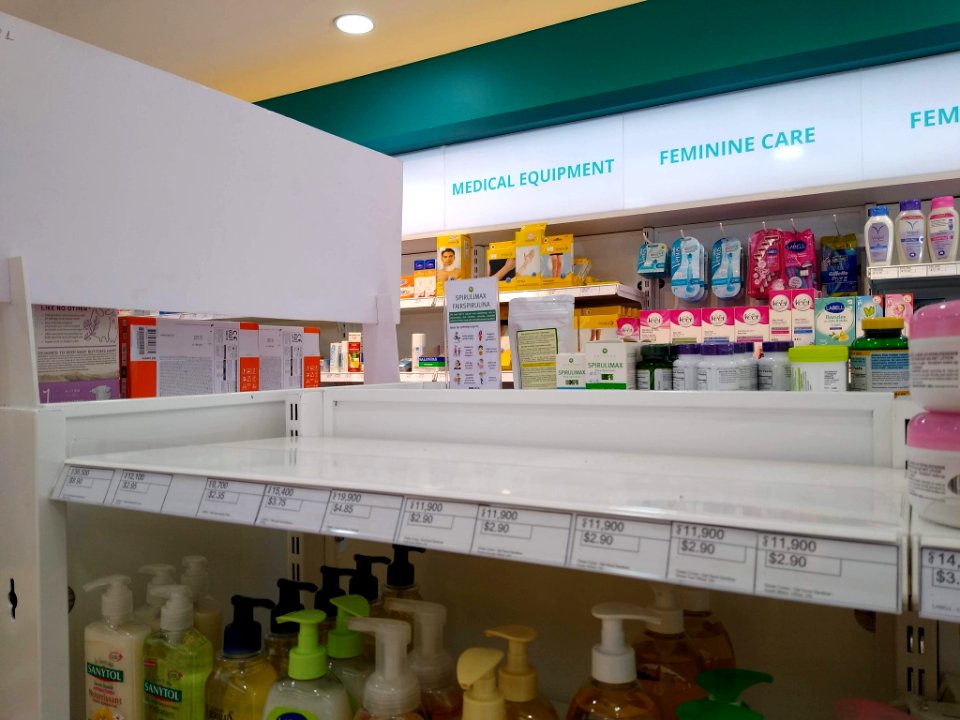 Empty hand sanitizer shelf in Cambodia