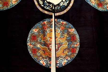 Empress or empress dowager's long gua (surcoat), China, Qing dynasty, late 19th century, silk, metal-wrapped silk, view 2 - Textile Museum, George Washington University - DSC09474