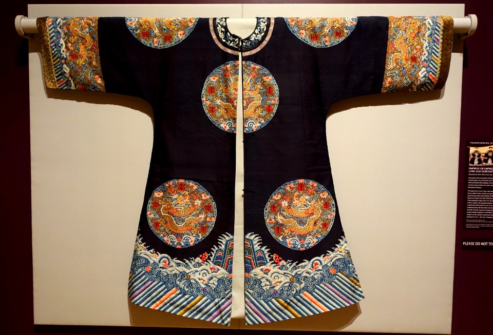 Empress or empress dowager's long gua (surcoat), China, Qing dynasty, late 19th century, silk, metal-wrapped silk, view 1 - Textile Museum, George Washington University - DSC09472