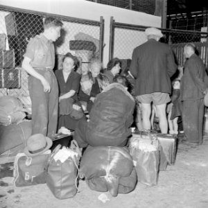 Emigranten (oliem) wachten na aankomst in Israel zittend op hun bagage op hun r…, Bestanddeelnr 255-1156