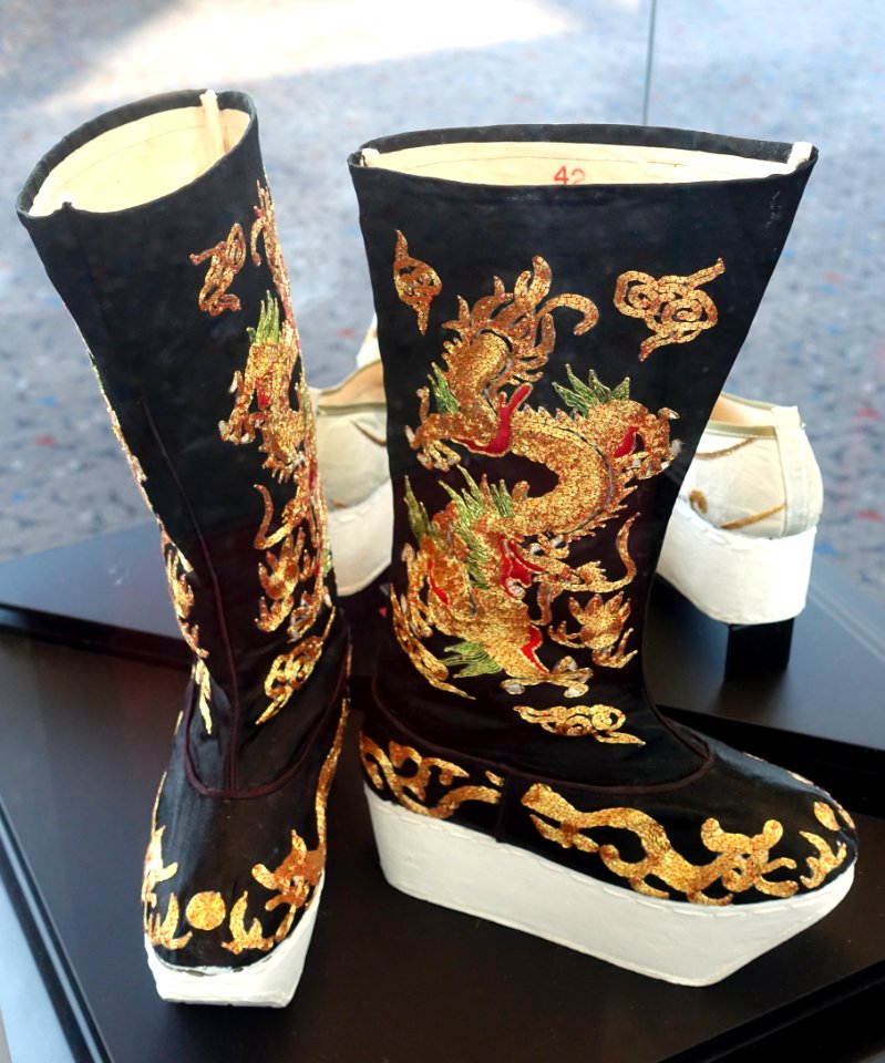 Embroidered cart-riding boots with Dragon Motif - Cantonese Opera costume - Hong Kong International Airport - DSC06268