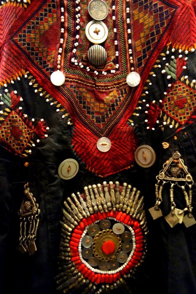 Embroidered dress, view 2, Kohistan, Northwest Frontier Province, Pakistan, early 20th century, cotton, silk, glass, plastic, silver, brass - Fernbank Museum of Natural History - DSC00131
