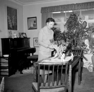 Ella Hedtoft schikt tulpen in een vaas in de woonkamer, Bestanddeelnr 252-8979