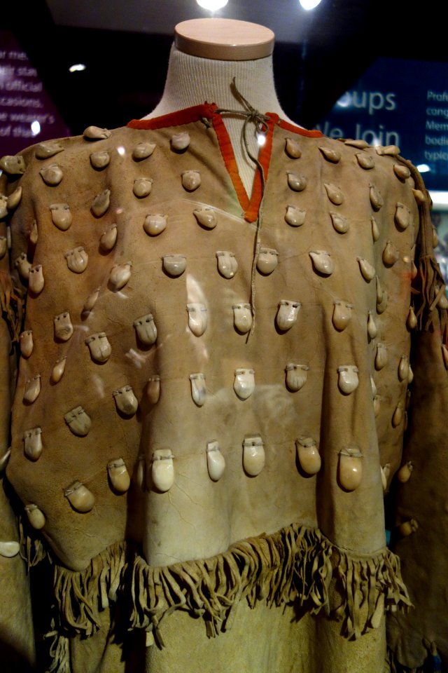 Elk-teeth dress, view 1, Sioux or Lakota peoples, late 19th to early 20th century, hide, glass, teeth, bone, cotton - Fernbank Museum of Natural History - DSC00121