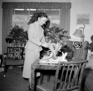 Ella Hedtoft schikt tulpen in een vaas in de woonkamer, Bestanddeelnr 252-8978