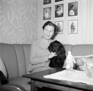 Ella Hedtoft zittend op de bank met een hond, Bestanddeelnr 252-8977