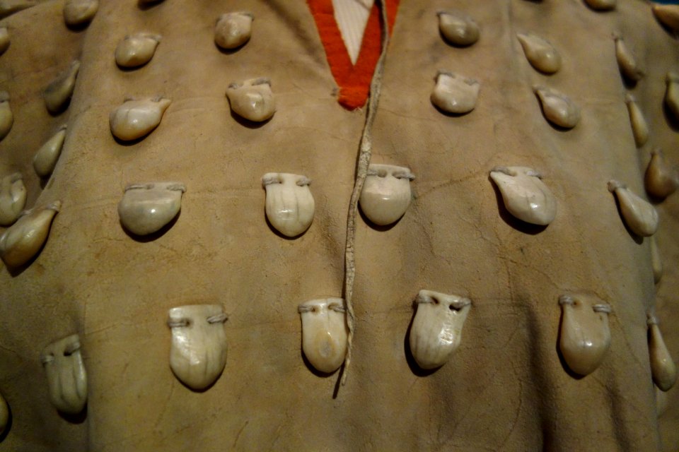 Elk-teeth dress, view 2, Sioux or Lakota peoples, late 19th to early 20th century, hide, glass, teeth, bone, cotton - Fernbank Museum of Natural History - DSC00125