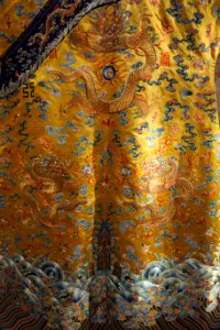 Emperor's 12-sign semiformal dragon robe, view 2, China, 18th century, silk, gold thread, embroidery - Royal Ontario Museum - DSC04466