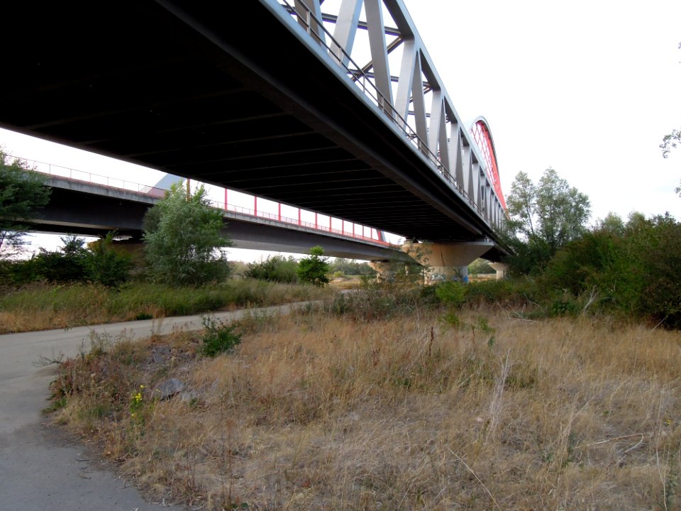 Elbebrücken südlich Wittenberg -Untersicht der Bahnbrücke am Südende mit Blick auf Fachwerk und Bogen- Ende August 2018b