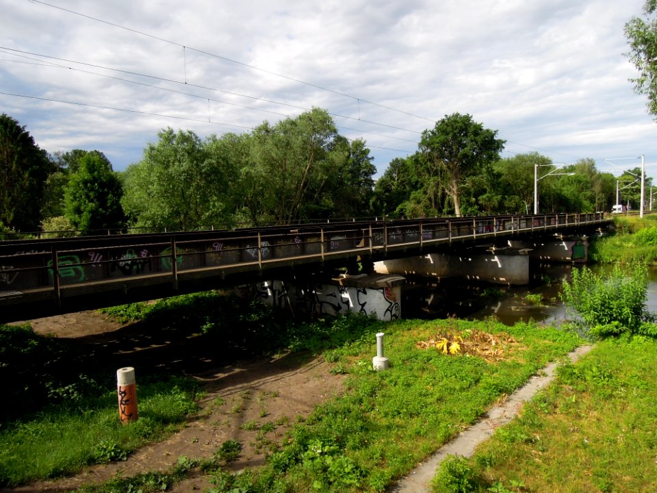 Eisenbahnüberführung über die Weiße Elster im Verlauf des Heuwegs in Leipzig -Dreiviertelsicht und Hauptöffnung von Nordost- im Juni 2019