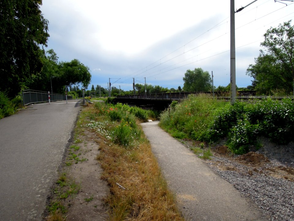 Eisenbahnüberführung über die Weiße Elster im Verlauf des Heuwegs in Leipzig -Dreiviertelsicht von Nordwest, Fußgängerunterführung- im Juni 2019a