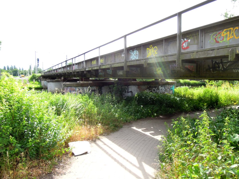 Eisenbahnüberführung über die Weiße Elster im Verlauf des Heuwegs in Leipzig -Dreiviertelsicht von Nordwest, Fußgängerunterführung- im Juni 2019b