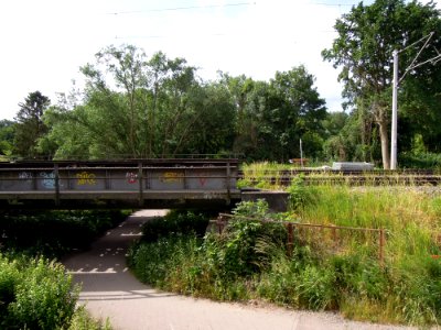 Eisenbahnüberführung über die Weiße Elster im Verlauf des Heuwegs in Leipzig -Westliches Widerlager ohne Last- im Juni 2019