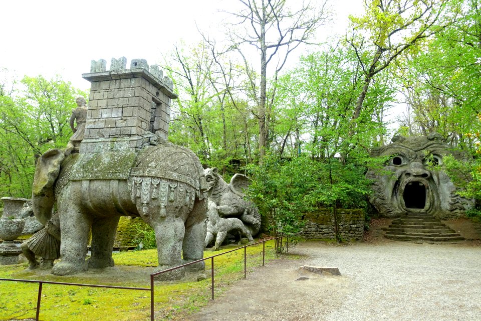 Elephant, dragon, and Orcus mouth - Parco dei Mostri - Bomarzo, Italy - DSC02689