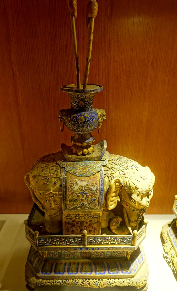 Elephant candlesticks, 1 of 2, Tibet, 1644-1911 AD, gilt copper - Sichuan Provincial Museum - Chengdu, China - DSC04453