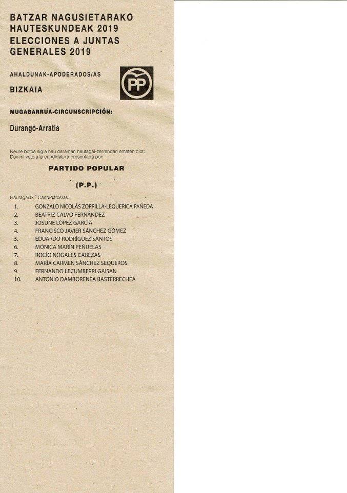 Elecciones a Juntas Generales de Bizkaia en España 2019 Durango-Arratia PP