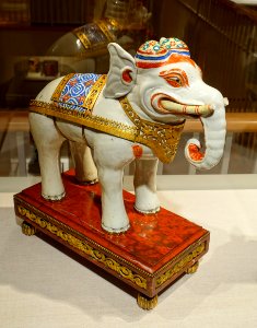 Elephant, Arita ware, Japan, late 1600s AD, porcelain, with mount by European artists, late 1600s to 1700s AD, gilt copper, and base by artists in Paris, 1780s AD, marble - Peabody Essex Museum - DSC07720