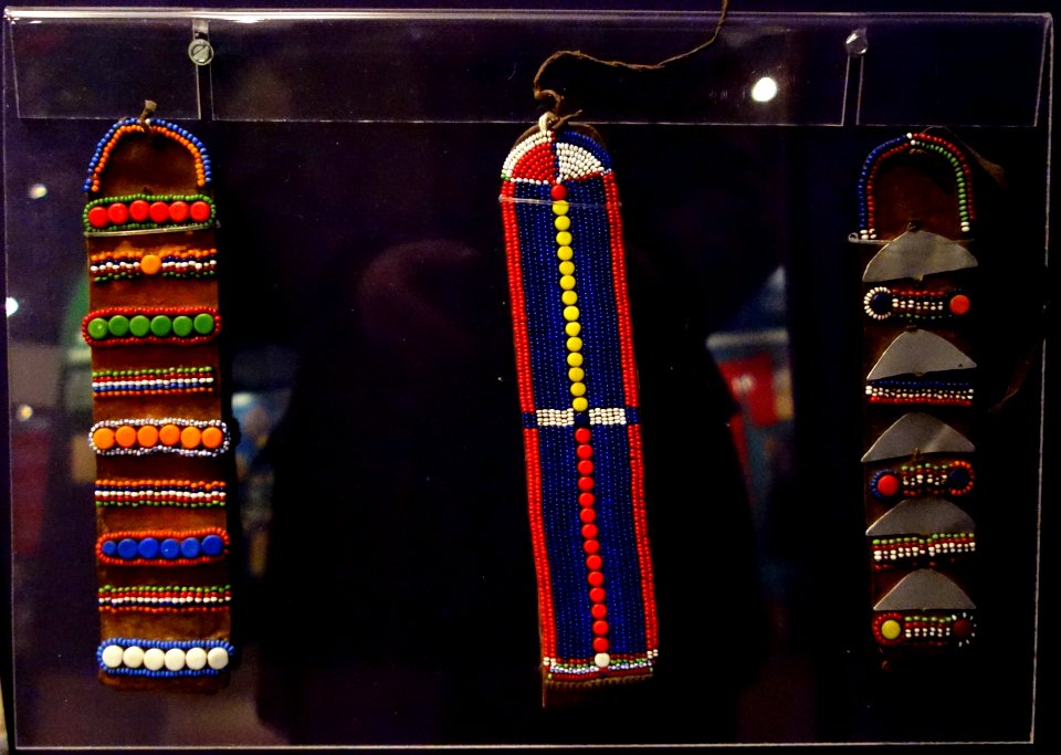 Earrings, Maasai peoples, Kenya or Tanzania, 20th century, hide, metal, glass, plastic - Fernbank Museum of Natural History - DSC00039
