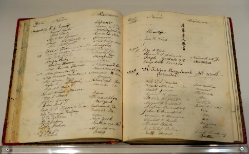 East India Marine Society museum guestbook, 1834-1837, opened to August 14-15, 1835, ink and pen on paper - Peabody Essex Museum - Salem, MA - DSC05050