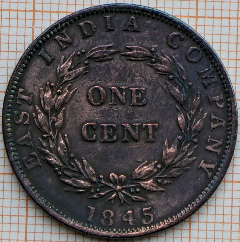 East India Company, One Cent 1845 - reverse