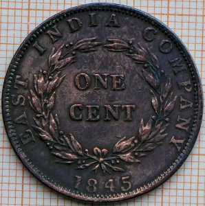 East India Company, One Cent 1845 - reverse