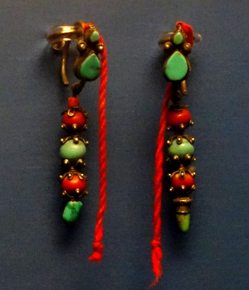 Earrings, Tibet, mid 20th century, coral, silver, turquoise - Fernbank Museum of Natural History - DSC09976