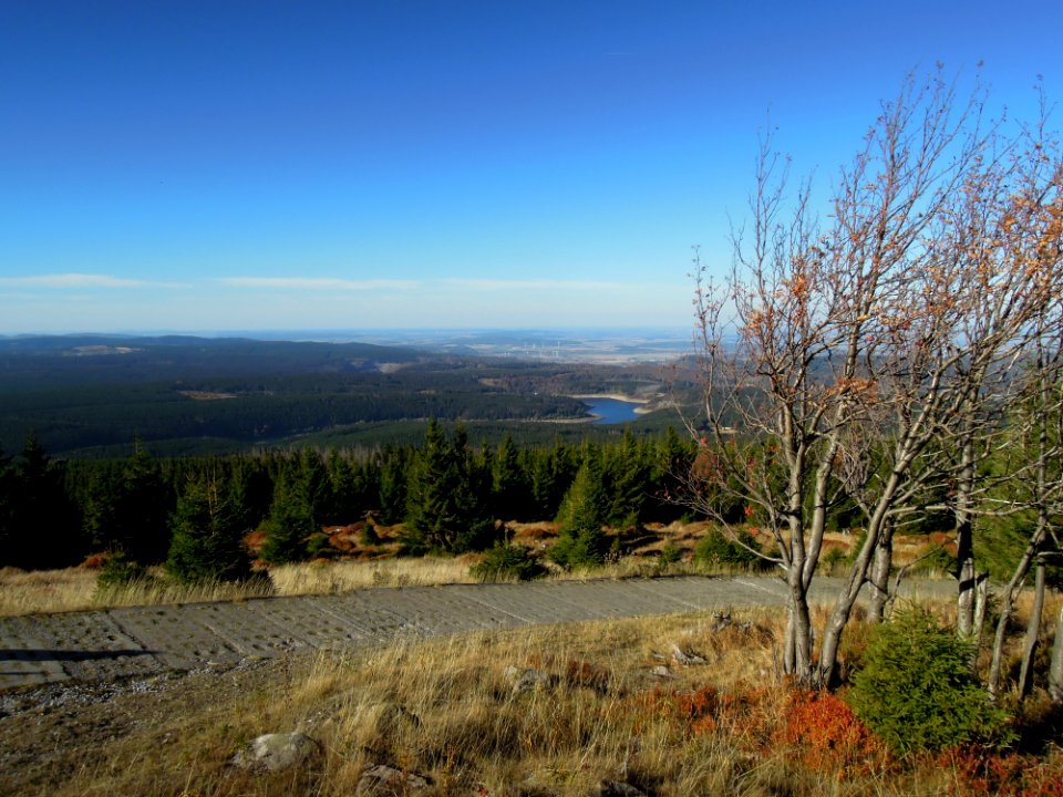 Eckertalsperre vom Aussichtspunkt am Hirtenstieg zwischen Eisernem Tisch oberhalb und Bismarckklippe unterhalb Mitte Oktober 2018