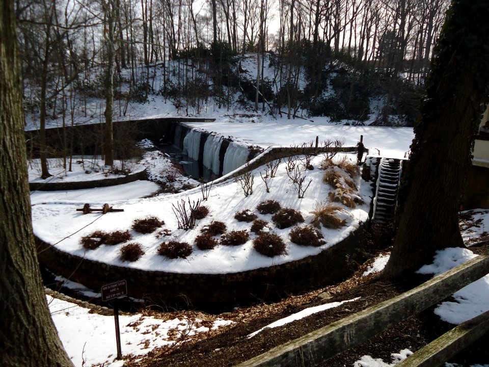 Echo Lake Park NJ waterwheel dam frozen lake trees