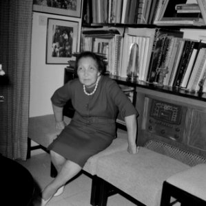 Echtgenote van Moshe Sharett, voorzitter van de Jewish Agency, gezeten voor een , Bestanddeelnr 255-4726
