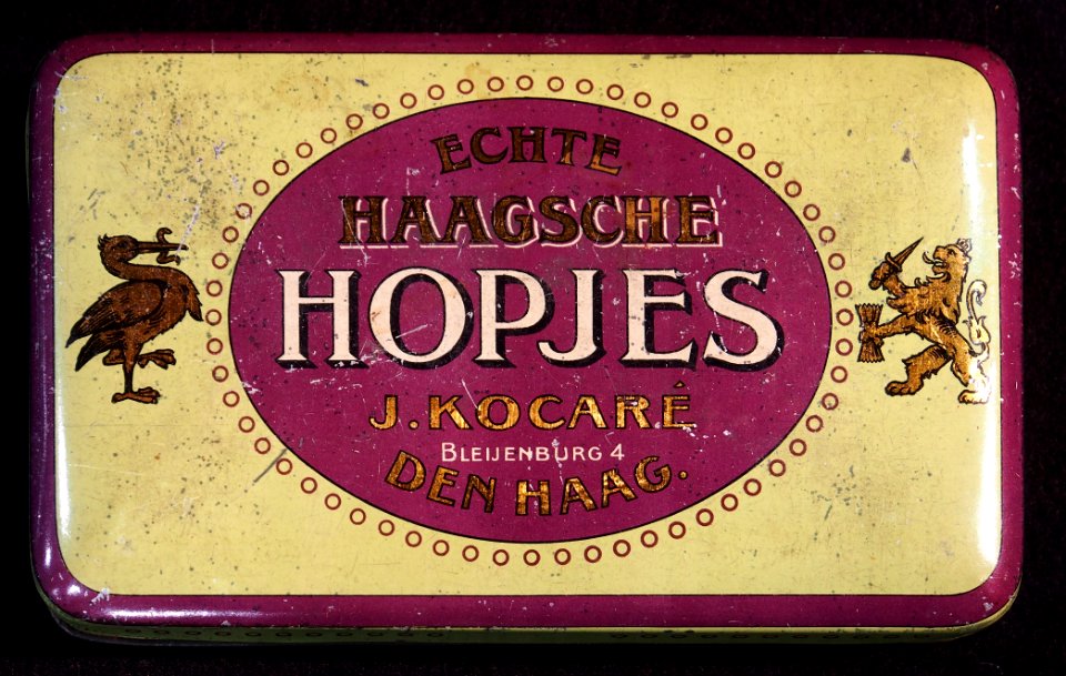 Echte Haagsche Hopjes blik, J Kocaré, Bleijenburg 4, Den Haag, foto 1