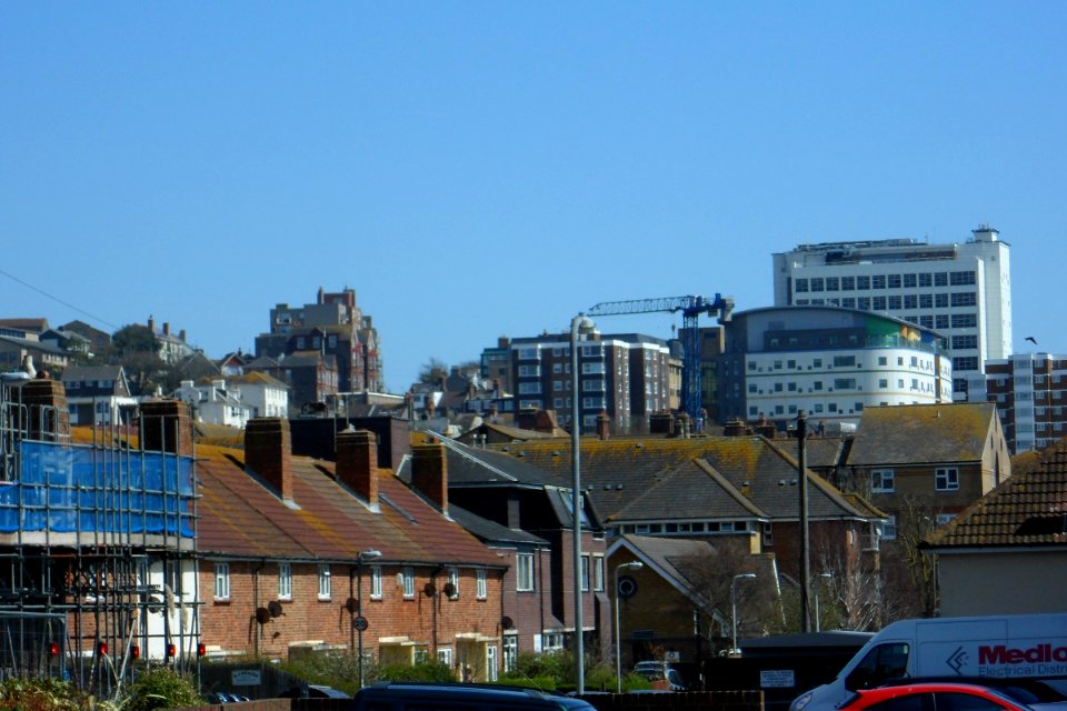 Eastward view towards Royal Sussex County Hospital from Lavender Street, Kemptown, Brighton (April 2013)