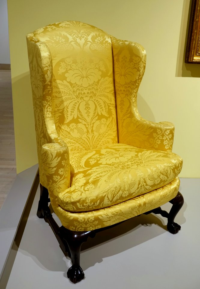 Easy chair, probably Newport, Rhode Island, or Boston, Massachusetts, c. 1750-1770, mahogany, maple, cherry, yellow silk - Dallas Museum of Art - DSC04925