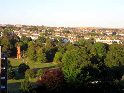 Eastward view across Preston Park from Highcroft Villas, Prestonville, Brighton (August 2016)