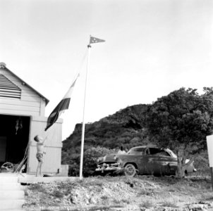 Een kind hijst een vlag, Bestanddeelnr 252-3181