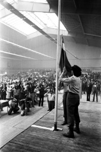 Een lid van de RMS-ordedienst hijst de vlag van de Republik Maluku Selatan (RMS), Bestanddeelnr 929-1423