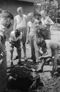 Een man haalt een kabel uit een gegraven gat terwijl Nederlandse militairen om, Bestanddeelnr 32-3-4