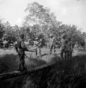 Een militair loopt over een boomstam richting andere soldaten die al aan de ove, Bestanddeelnr 15819