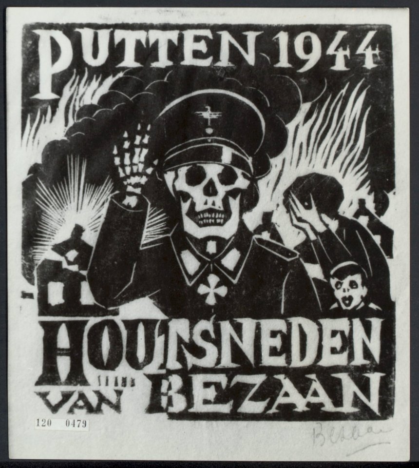 Een poster in Putten. De kustenaar Bezaan maakte een serie houtsnedes van de tra, Bestanddeelnr 120-0479