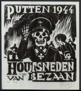 Een poster in Putten. De kustenaar Bezaan maakte een serie houtsnedes van de tra, Bestanddeelnr 120-0479