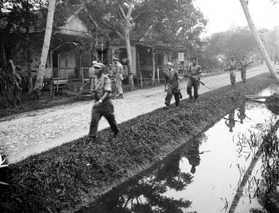 Een patrouille loopt langs een beek door een kampong, Bestanddeelnr 8202