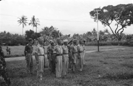 Een parade wordt o.a. gadeslagen door de commandant T-Brigade kolonel D.R.A. va…, Bestanddeelnr 437-1-4