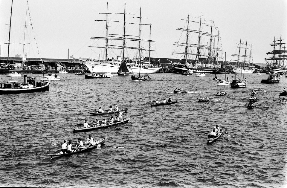 Een overzicht van de tall-ships tijdens het roeierssaluut, Bestanddeelnr 930-9560