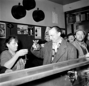 Een van de mannen proost met een vrouw aan de bar van een café, Bestanddeelnr 252-9495