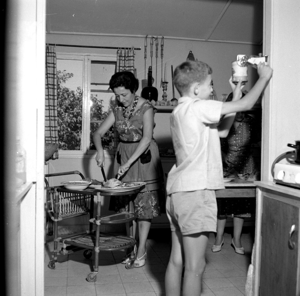 Een vrouw en een jongen in de keuken, Bestanddeelnr 252-1906