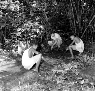 Een man en drie jongens bij een blootgelegd graf op de voormalige Jodensavanna i, Bestanddeelnr 252-6466