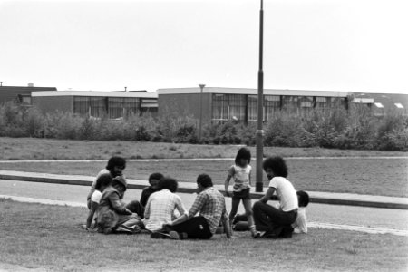 Eerste dag gijzeling school Bovensmilde op het gras zittende Zuidmolukkers met , Bestanddeelnr 929-1922