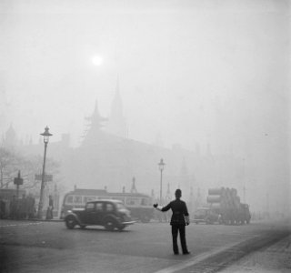 Een agent regelt het verkeer in de mist, Bestanddeelnr 254-1947