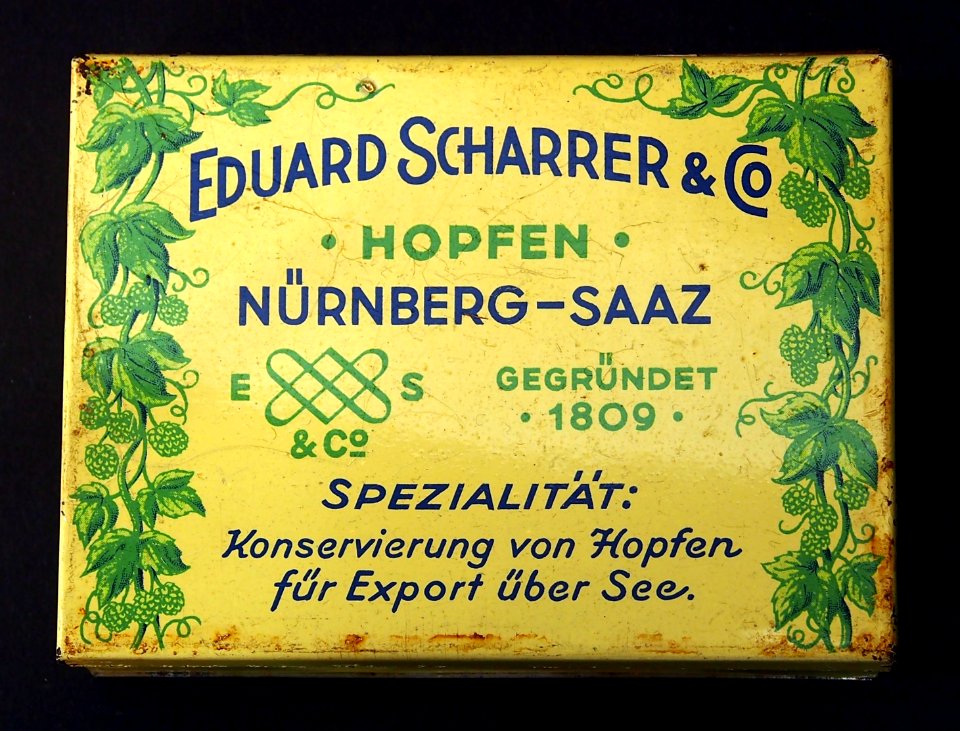 Eduard Scharrer & Co, Nürnberg-Saaz Hopfen tin