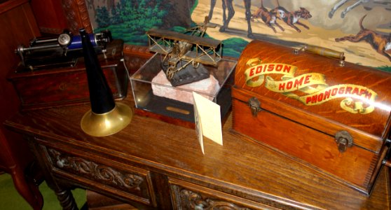 Edison cylinder phonograph, Syria Mosque brick, and Edison Home Phonograph - Bayernhof Museum - DSC06361
