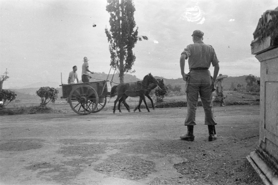 Een dokar (paard met wagen) passeert In de voorgrond een toekijkende Nederland, Bestanddeelnr 501-4-1